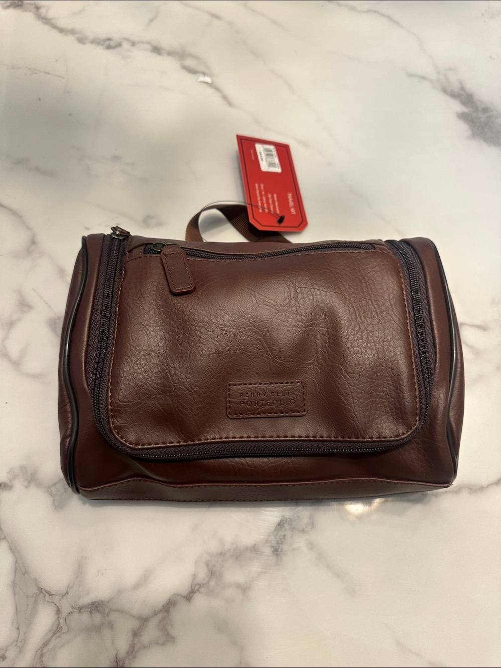 Perry Ellis Dark Brown Leather Toiletry Dopp Kit